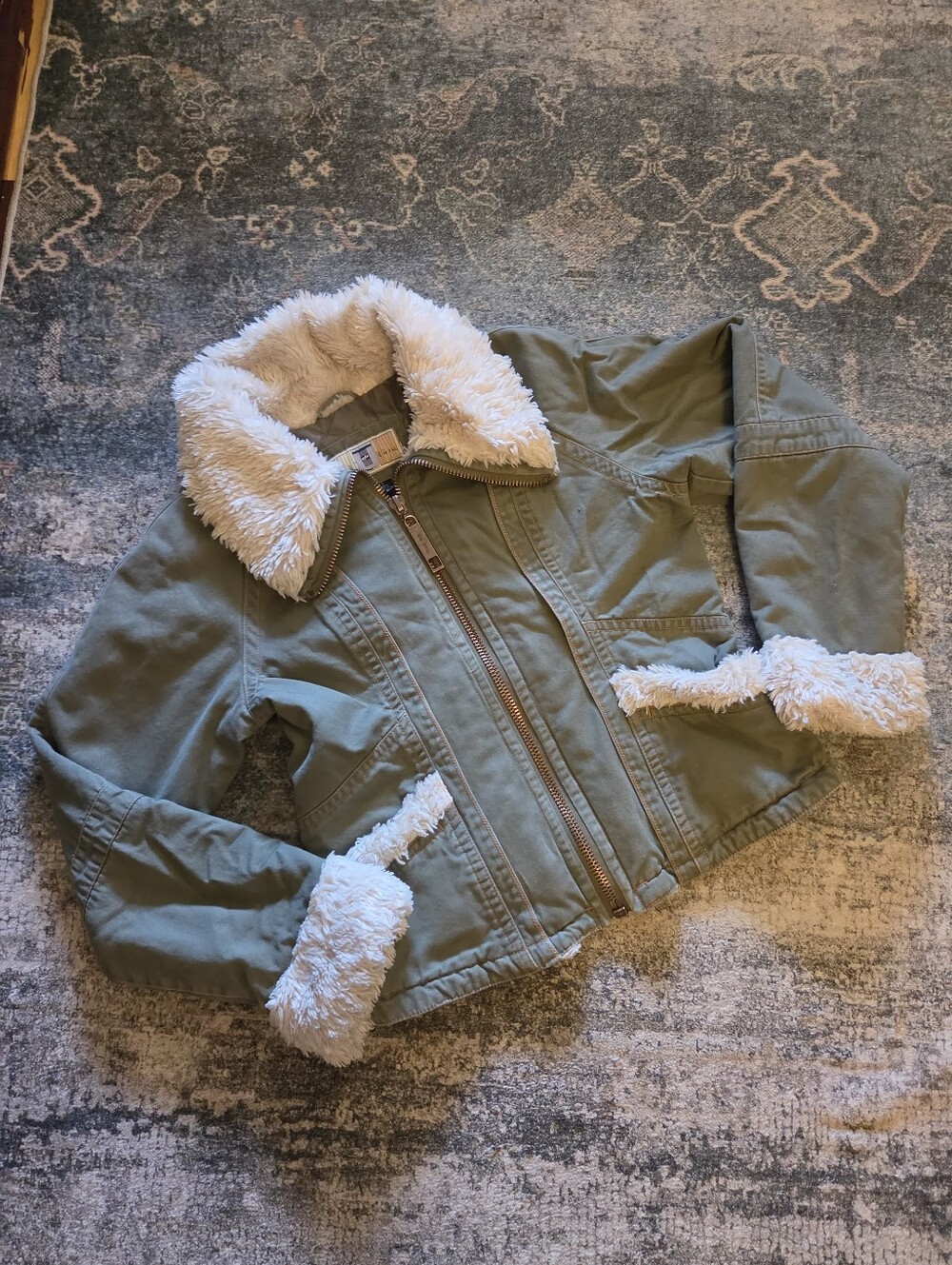 Retro Y2K Big Chill Khaki Canvas Bomber Jacket Faux Fur Trim L